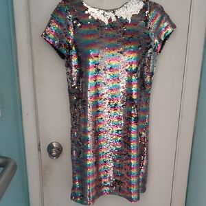 Girls Iridescent Sequin Rainbow Dress - Sparkling Short Sleeve